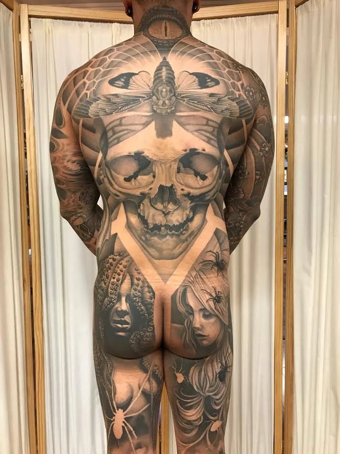 Black and grey back piece by Brandon Spider